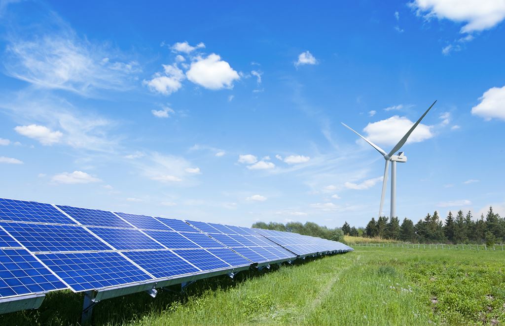 solar energy panels and wind turbine